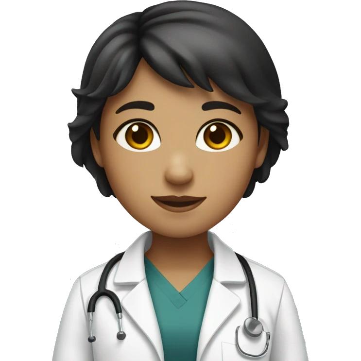 A girl with short brown hair and bangs,, white skin, wearing a black scrub with a lab coat  emoji