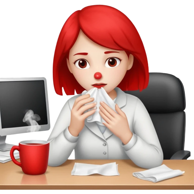 хвора дівчина сидить в офісі за столом, у неї в руках хустинка, червоний ніс, на столі серветки, чай emoji