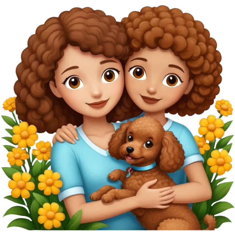 A beautiful girl happily hugs a brown poodle in the flowers emoji