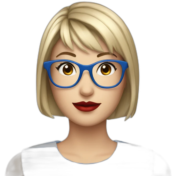 caucasian woman with square black glasses, straight bangs, red lipstick, blue and white striped t shirt emoji