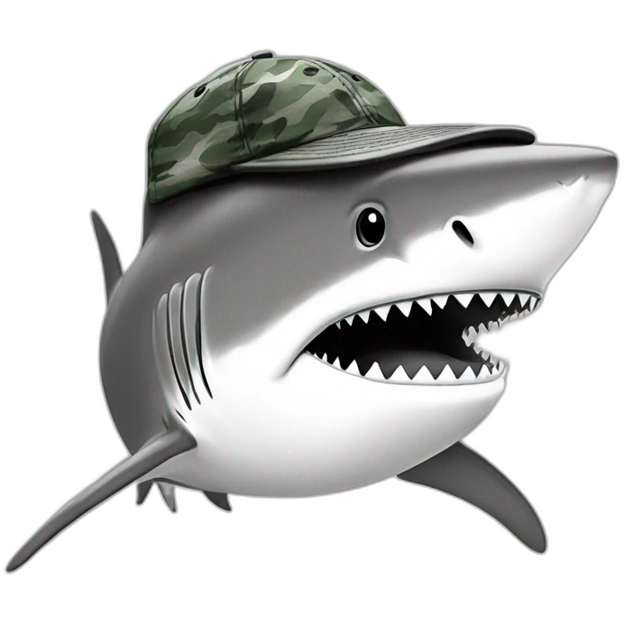 a shark in a ((camouflage cap)),black and white,cartoon,sketched,sketch emoji