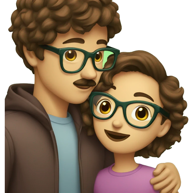 A boy with brown hair and a mustache is kissing a girl wearing glasses and her hair is green emoji