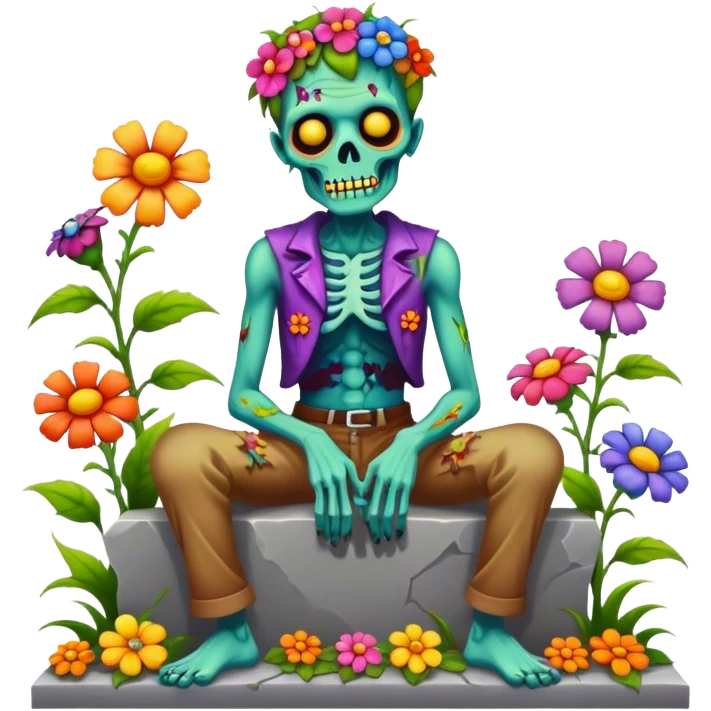 Cinematic ultra detailed 32k HD Psychedelic colored hippie style zombie with flowers sitting on a tombstone emoji