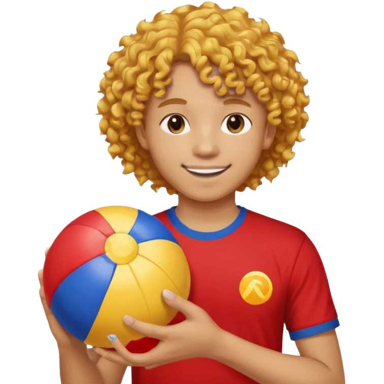 una persona de 18 años marron clarito con el pelo amrillo rizado con una camiseta roja y azul con un logo circular dorado y levantando un balon de playa emoji