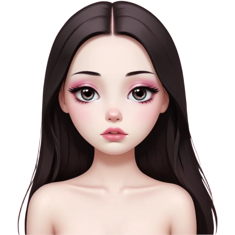 girl with white skin, dark brown long realistic straight hair with middle part prominently falling in front of her body over her shoulders, very big pouty extremely glossy ultra-shiny lips with absolutely no cupid's bow, big round eyes with very black shiny eyeballs and huge eyelashes, no eyeshadow, pink blush on cheeks, lighter button nose, extremely long oval-shaped face, wearing a pink off-shoulder top, looking directly at camera with hands down at sides emoji