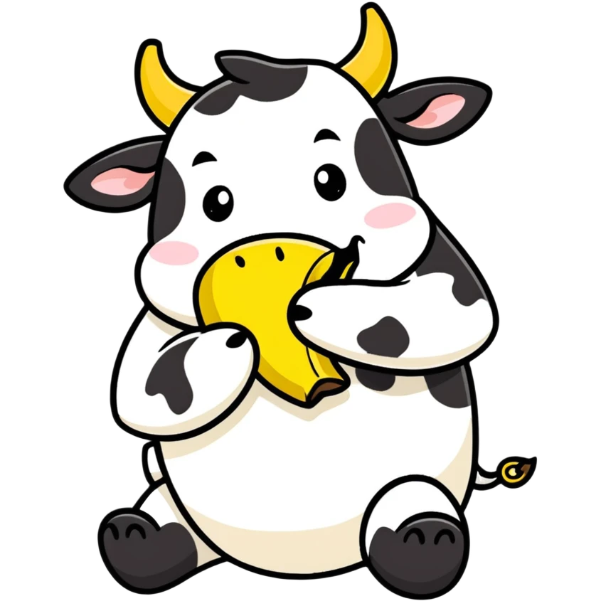 vaca comendo banana, cartoonish sticker style emoji