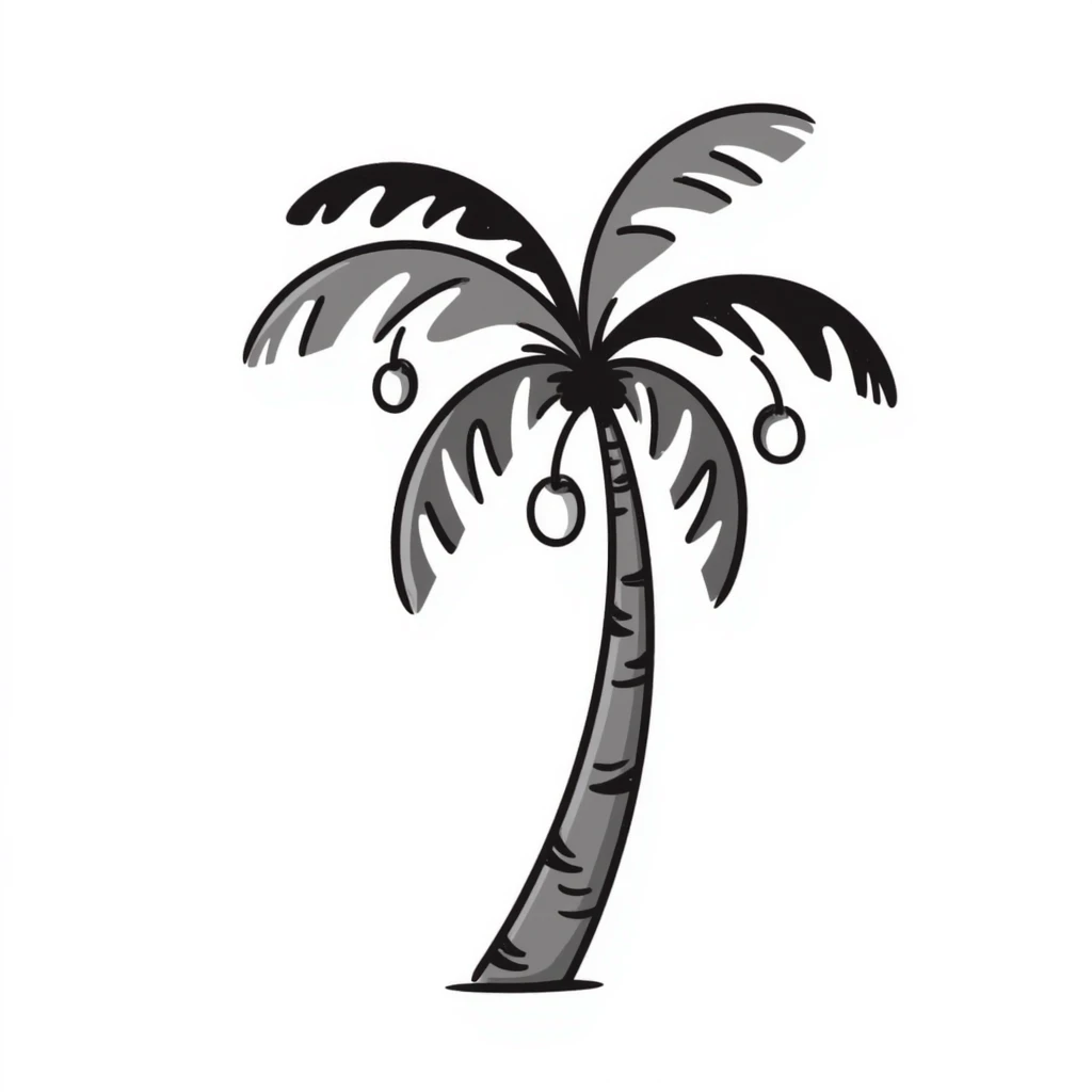 a palm tree with a curved trunk, large fronds, and coconuts, in pastel colors dd9fb0, ffc6d3, a3bfc9, c4bee2, f1b091, detailed hand-drawn doodle style emoji