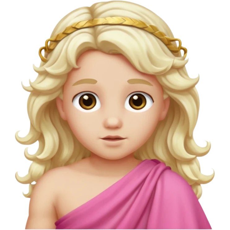 Cupid from Olympus Gods with long white blonde wavy hair, pink toga emoji