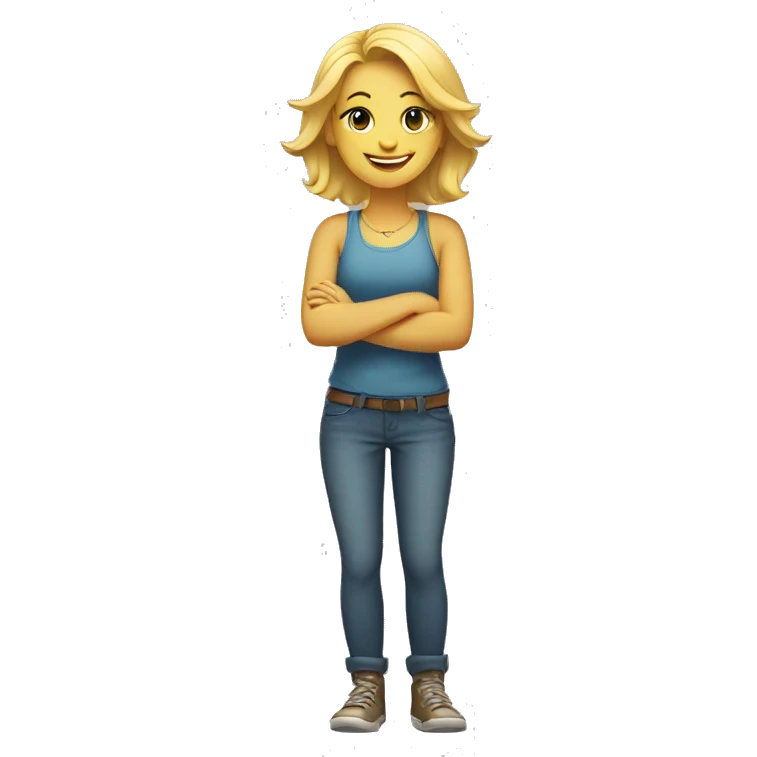blong girl standing with arms crossed with a big smile emoji