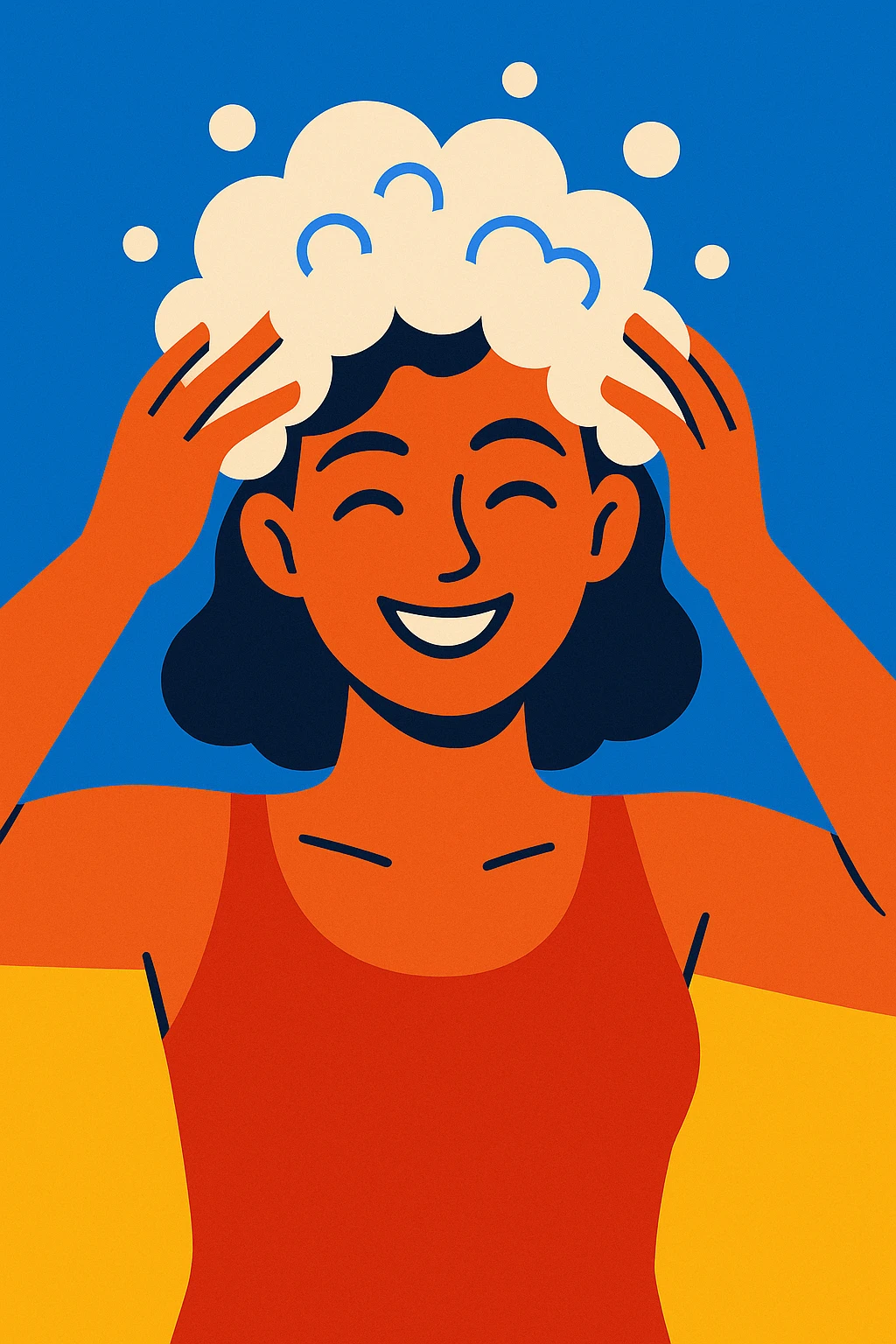 woman with shampoo foam in hair, clean and cheerful, upper body, modern illustration, vibrant colors emoji