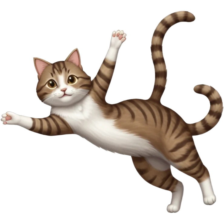 dark brown tabby and white cat with doing a big extremely long stretch reaching up into the air with arms and legs side by side together straight and overextended whilst lying on its side emoji
