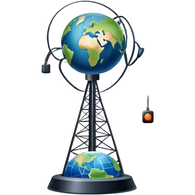 An icon featuring a satellite dish, cell tower with signal waves, and an earth, connected by lines, symbolizing telecommunications. The design includes data signals, network nodes, and a mobile device, representing global digital communication. Transparent background emoji