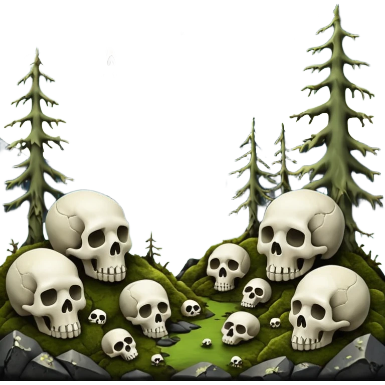 A surreal Alaskan night scape with mountains moss and moss covered trees with skulls coming out of the ground emoji