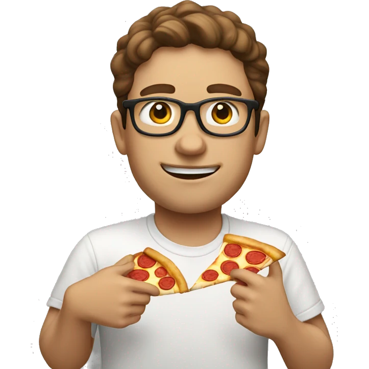 White nerd with brown hair eating pizza emoji