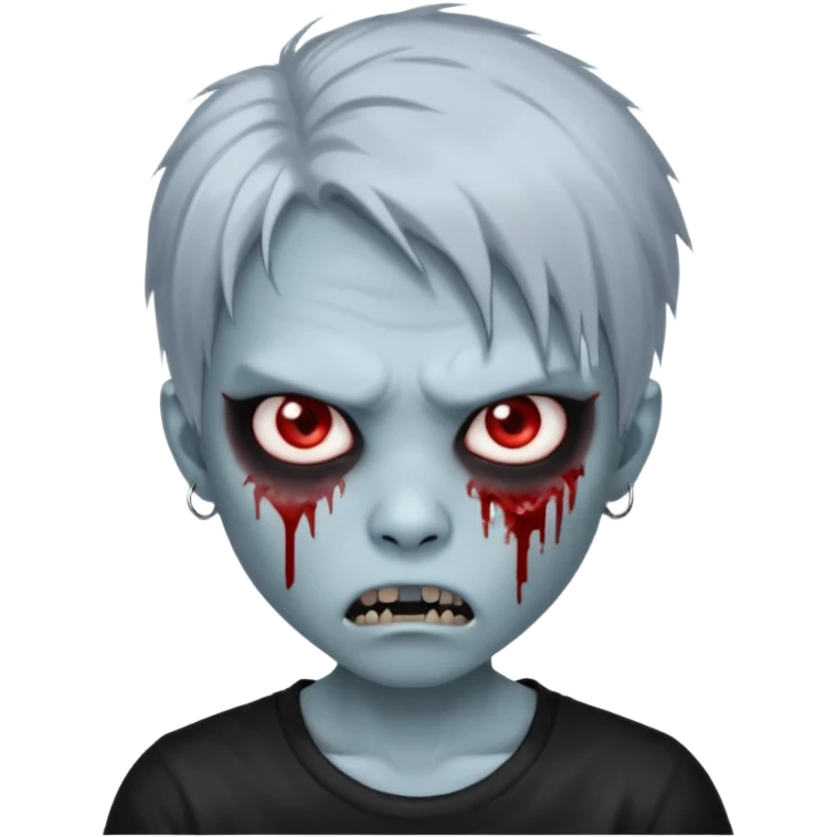 3D emoji-style avatar with very pale blue-grey zombie skin , a young Asian face, and large eyes with blood tears. Give it white litle bit messy mullet hair style , silver hoop earrings, and a plain black T-shirt. The face expression should be slightly angry, with vampire fang emoji