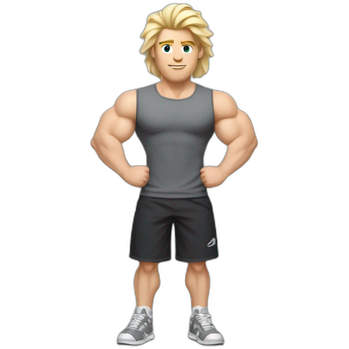 Full height Pale skinned fit man With biceps and blonde Tousled hair In dark gray sleeveless mike, black oversize sports shorts, watch and white sneakers. his arms crossed over his chest emoji