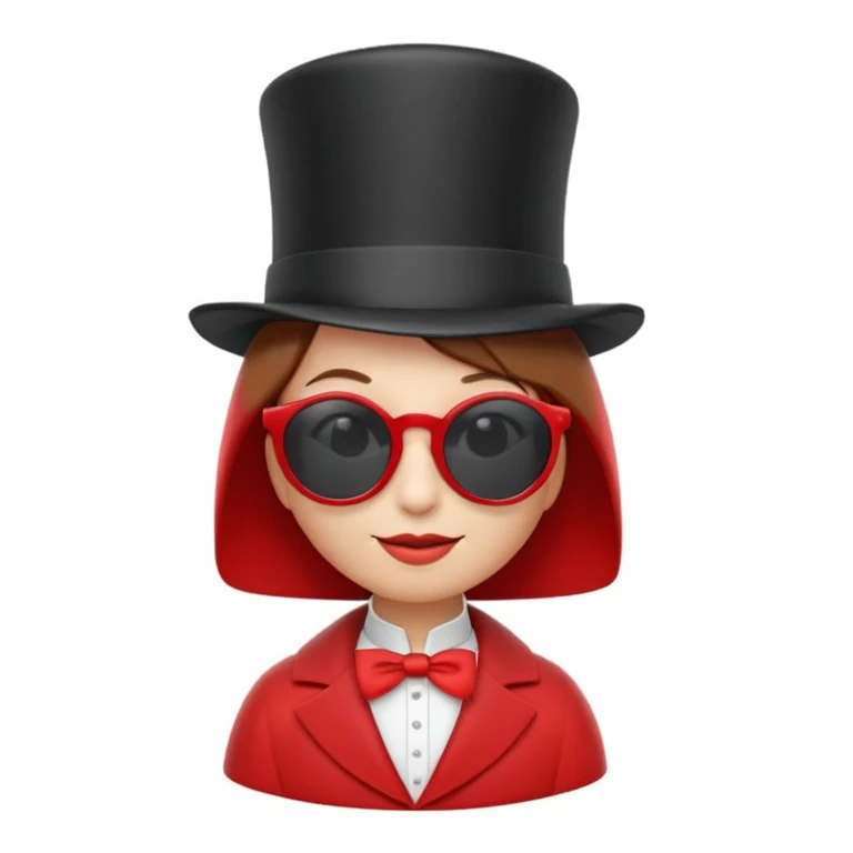 3D apple-style emoji of a whimsical character inspired by the uploaded photo, simplified shapes, cartoon-like look, glossy finish, soft shadows, white background, tall top hat with ribbon, large round white sunglasses, short brown bob haircut, elegant collar, red coat, playful and iconic emoji