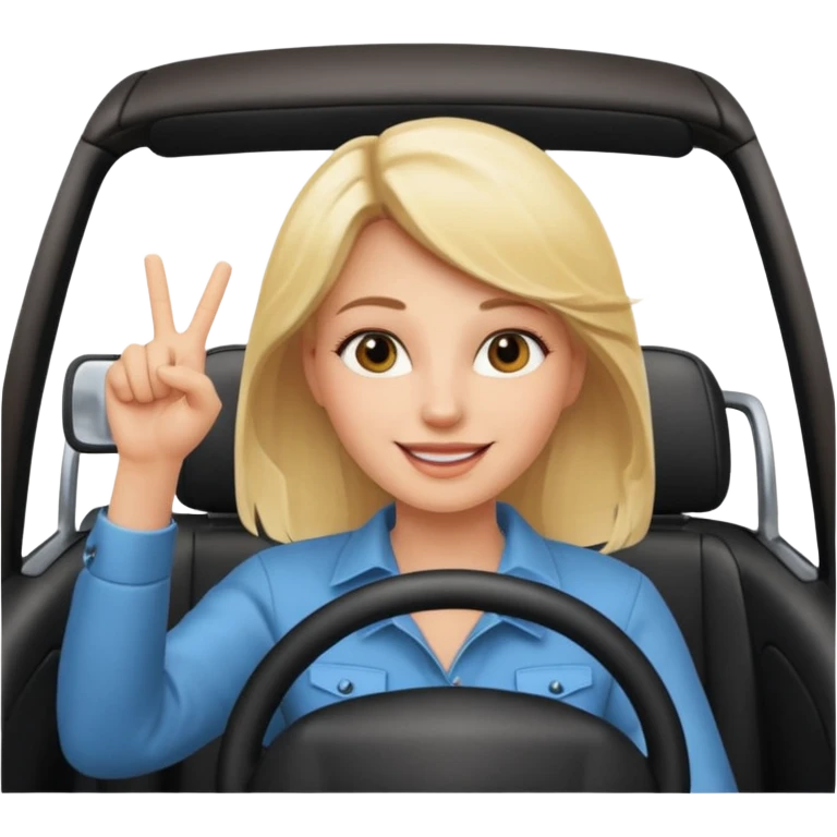 blonde woman driving car. one hand up Happy face confidence emoji