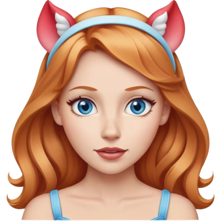 Strawberry blonde woman with blue eyes wearing Disney ears on head emoji