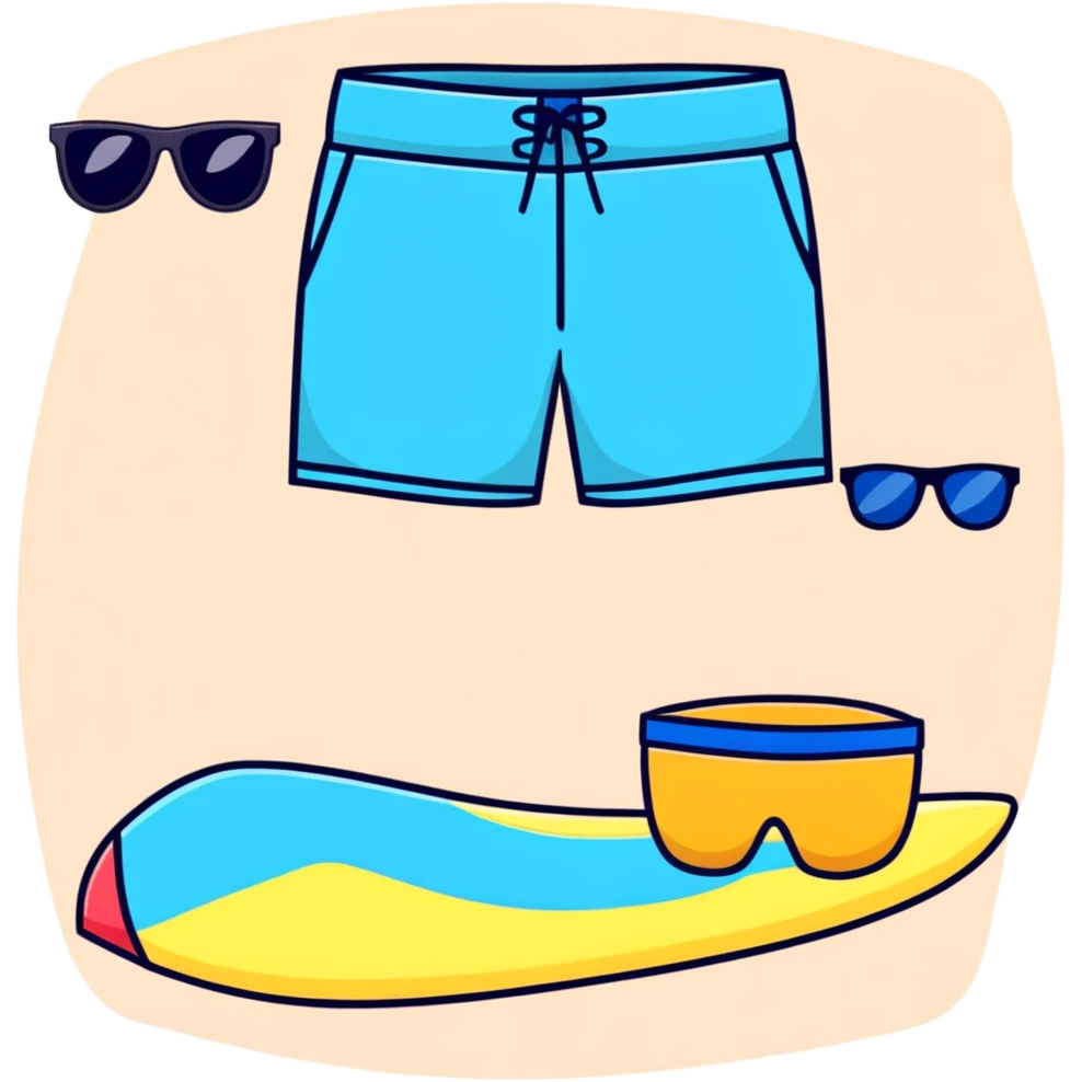 swimming board shorts and separate sunglasses on beach towel in same composition emoji