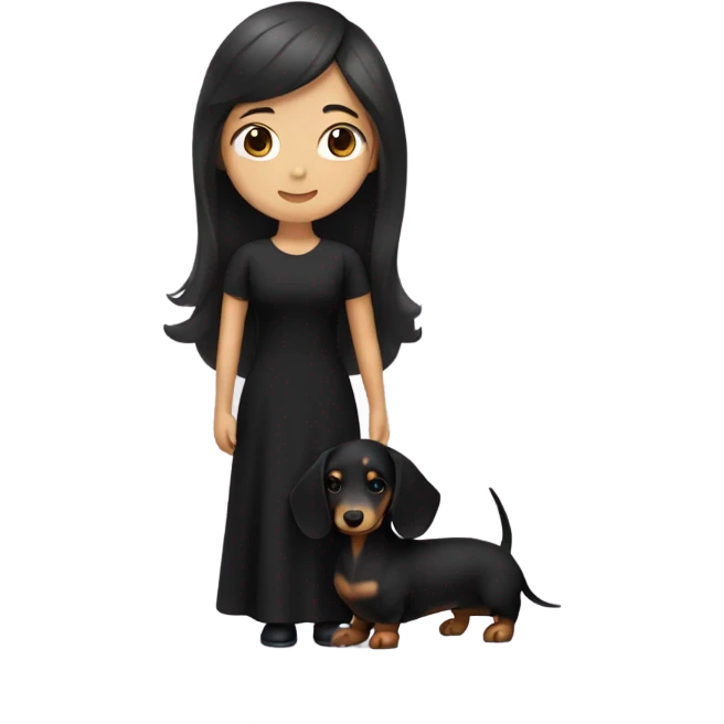 an Asian girl with long hair, wear black dress, hugging a long haired dachshund emoji