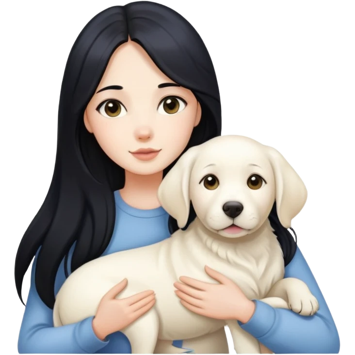 A beautiful girl with long black hair and fair skin is holding a white Labrador emoji