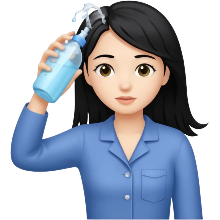 Girl with black hair washing her hair with bottle of shampoo emoji