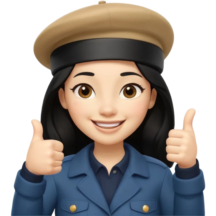 3D cartoon female character giving thumbs up, wearing beige beret, long black hair, smiling warmly with confident expression, clean white background, Pixar-style lighting, cute and friendly iPhone memoji aesthetic, high quality soft shading, centered composition emoji