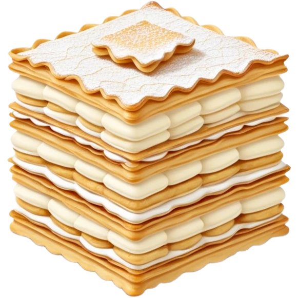 Cinematic delicate mille-feuille, thin crispy pastry layers filled with smooth vanilla cream, dusted with powdered sugar, elegant presentation, highly detailed and sophisticated. emoji