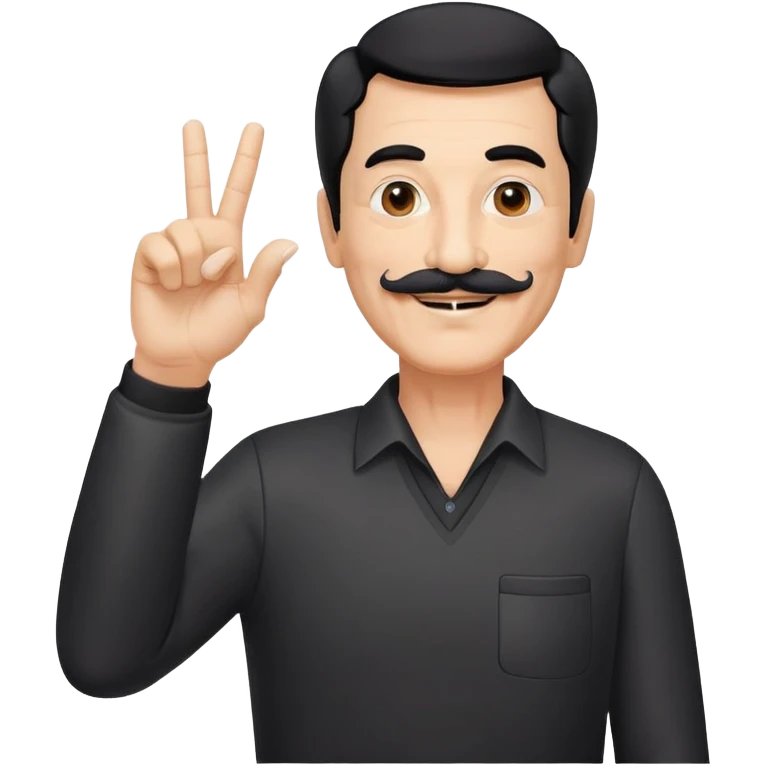 Hombre de 65 año de pelo negro y bigote blanco sonriendo con nariz prominente y los de dedos de la mano derecha en "v" vestido de traje de cuerpo entero emoji