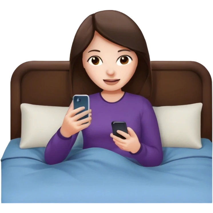 Brunette playing with iPhone in bed emoji