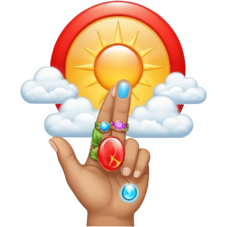 "Create an emoji representation of a hand holding other. One hand with index finger pointing up, surrounded by clouds and sun rays, with a red ring on the ring finger." emoji