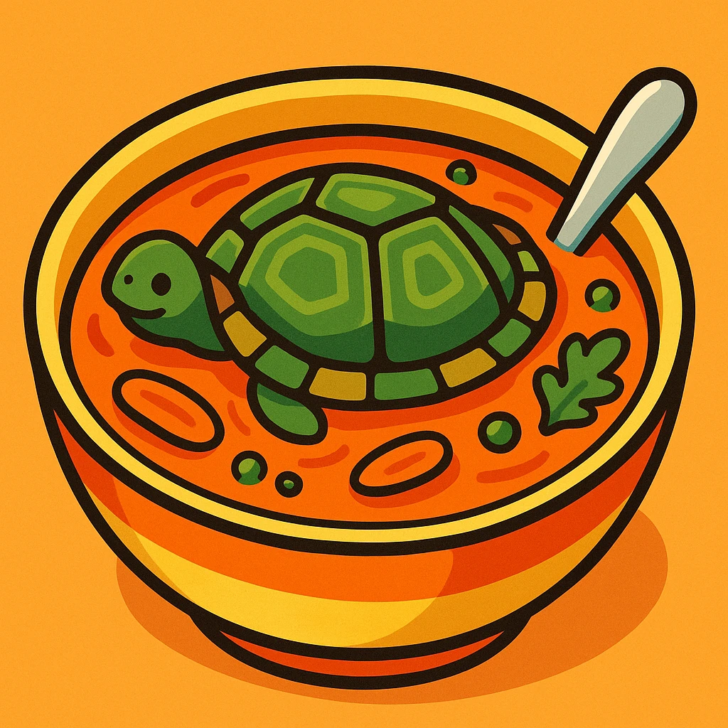 a bowl of turtle soup, stylized, appetizing, with a visible turtle shell in the soup, vibrant colors emoji