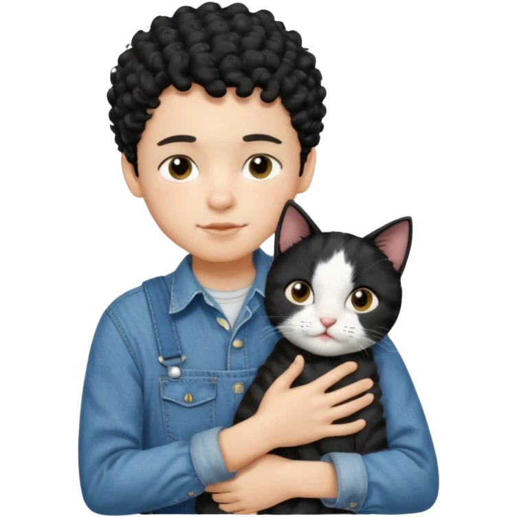 Apple emoji of a 13 year old boy with short black curly hair and dark brown eyes of light skin with denim shirt and overalls hugging a black and white cat emoji