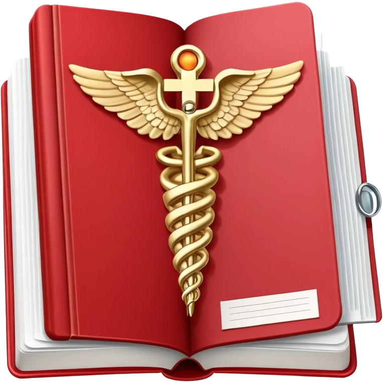 Medical textbook with red cover, caduceus symbol, open to a page showing anatomy emoji
