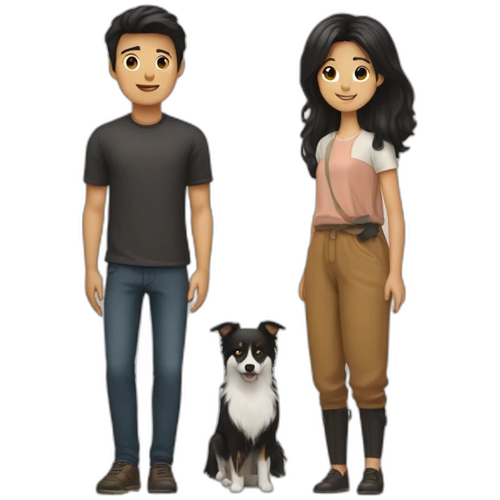 couple, a little Men with Long black hair, a girl with short brown hair ; and black spitz dog emoji
