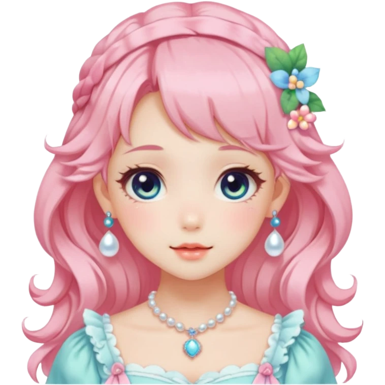 Gorgeous anime style lady with blushing face and accessories cottagecore fairycore Kawaii anime colorful pearly romantic aesthetic trending style emoji