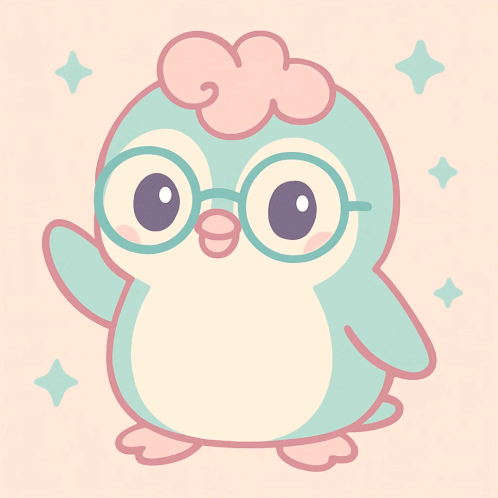 kawaii style penguin with curls, glasses, and a playful attitude emoji