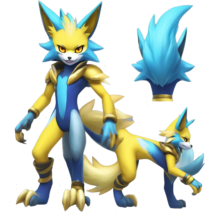 Shiny Colorful Anthro Edgy Cool Sonic-Zeraora-Renamon-Pokémon-Fakémon with shiny blue markings Full Body Detailed High Quality  emoji