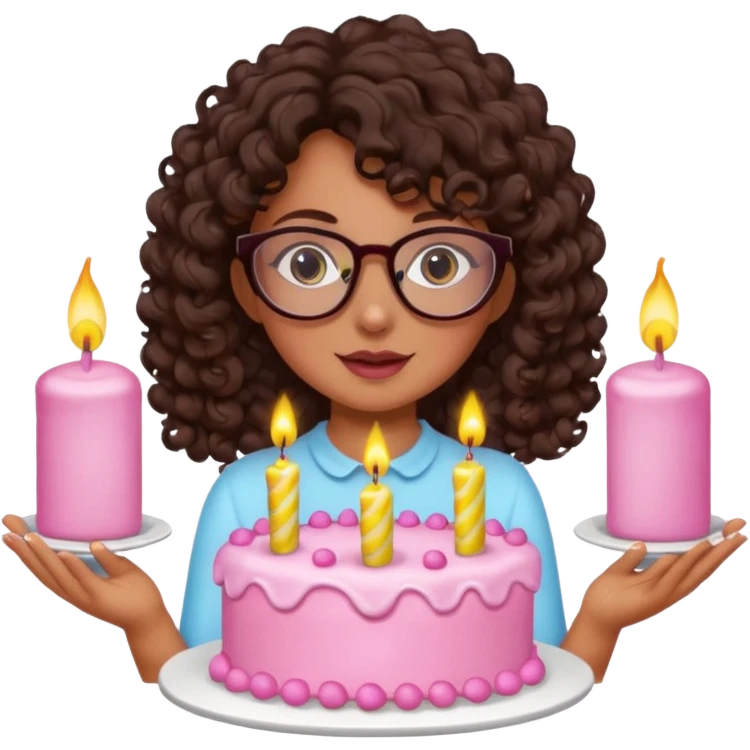 Tanned girl with dark brown curly hair wearing glasses with a cute birthday cake  emoji