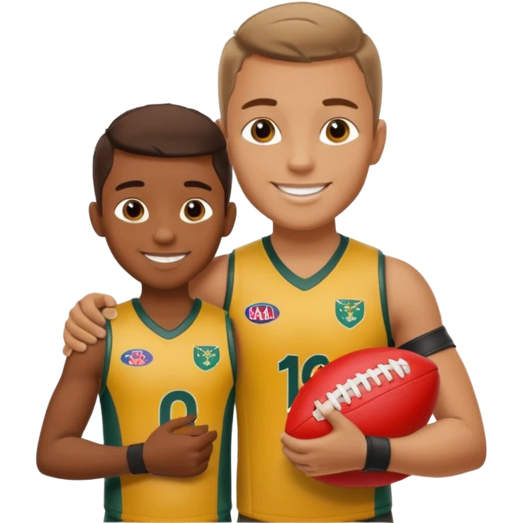 A sportsman has his arm around a young fan and they are holding a AFL sherrin, they are in australian colours, they are smiling, one is white and one is brown emoji