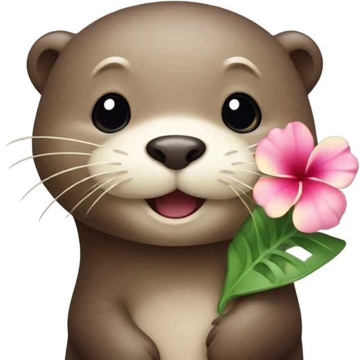 A happy and cute otter face with a Hawaiian flower tucked behind its ear, holding a heart. emoji