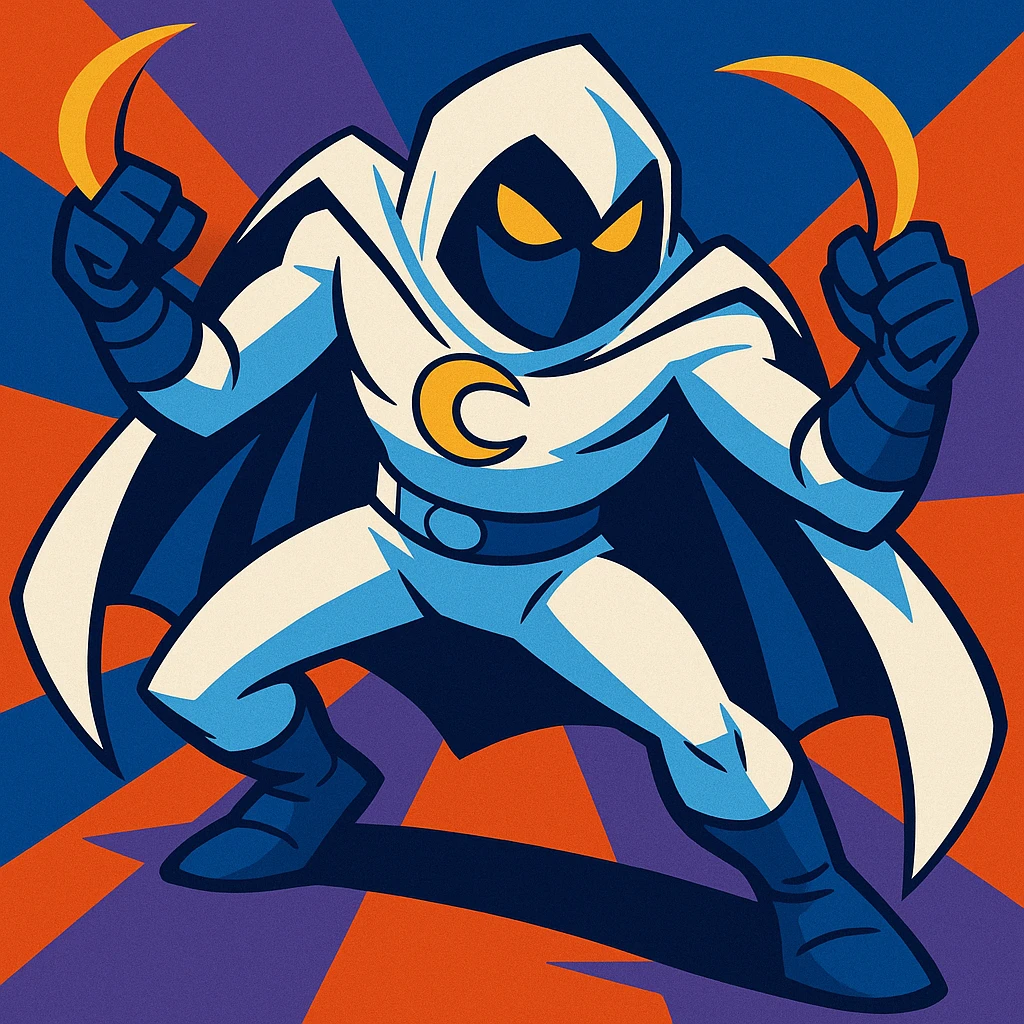 Moon Knight with crescent darts, action stance, vibrant toon style emoji