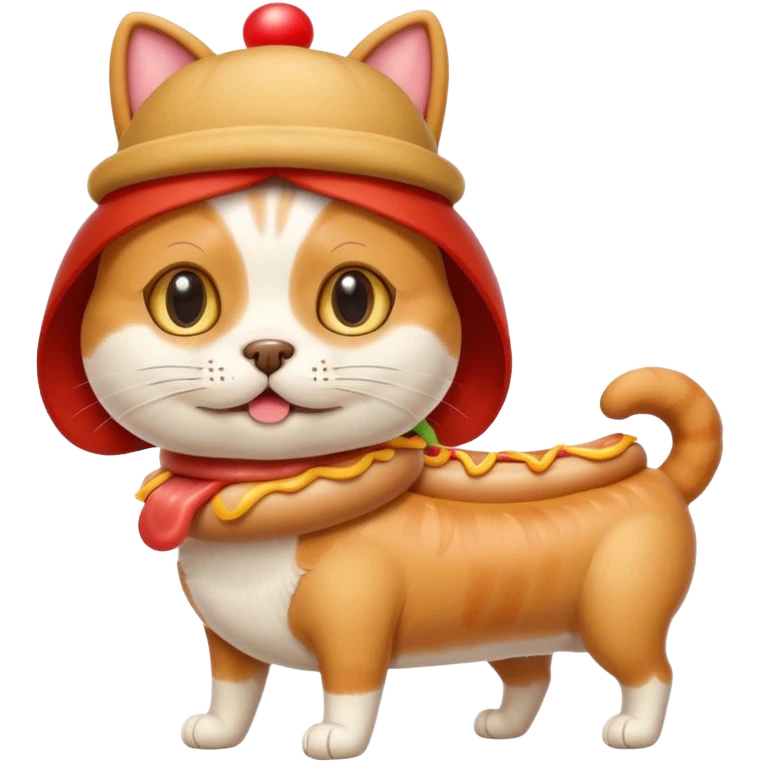 A cat with a dog costume with a hotdog hat  emoji