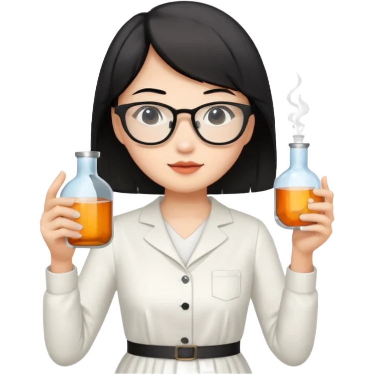 asian teacher with a white dress holding a flask with retangle glasses and black short hand  emoji
