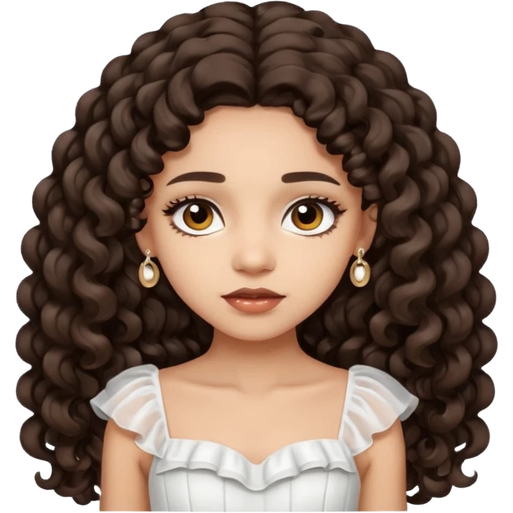 Light skin girl with dark brown very long curly hair, dark brown eyes, white Chanel dress  emoji