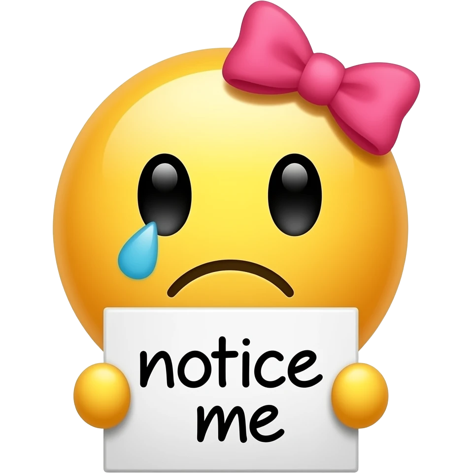 Yellow smiley with pink hairbow sad holding emoji up a sign that says "notice me" emoji