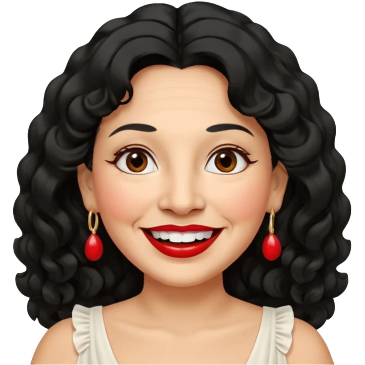 60 yr old peruvian woman, slightly chubby, wavy/curly long black hair, red lipstick, big smile, white teeth, brown eyes, hoop earings, side part to hair, round face, pretty white dress emoji