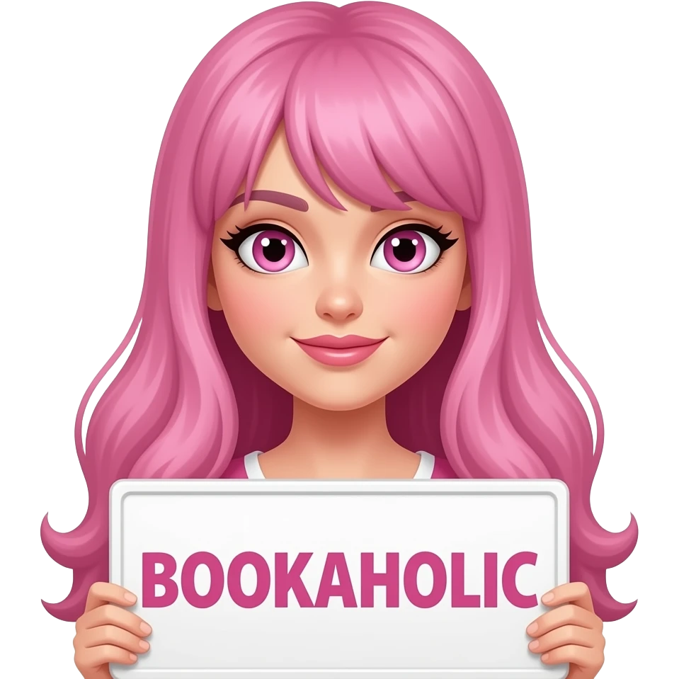sexy girl with long pink hair and pink eyes  holding a BOOKAHOLIC sign emoji