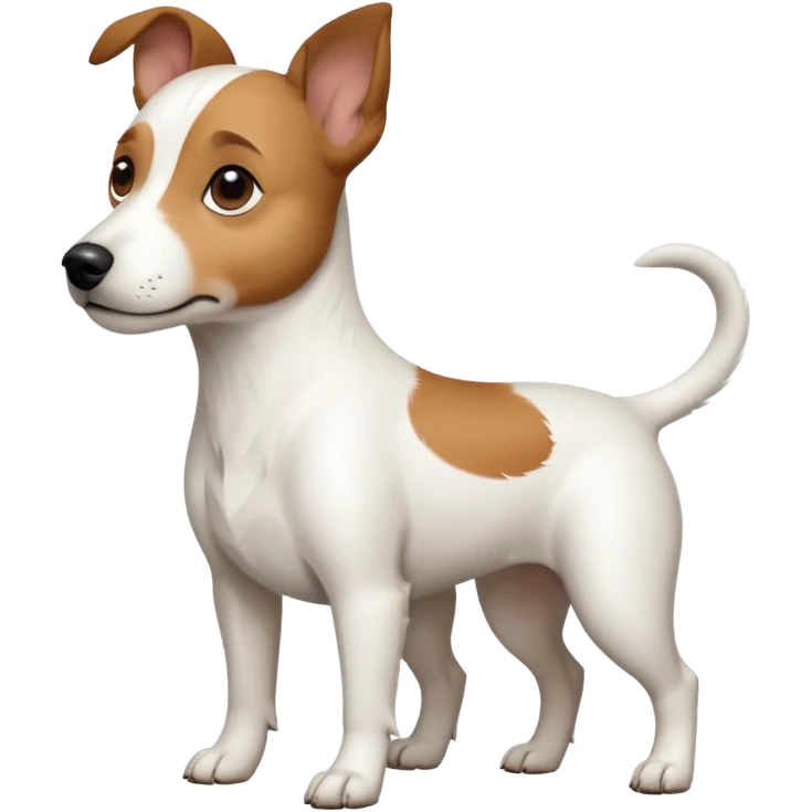 a full body white jack russel looking dog the size of a kelpie with light brown ears and a light brown patch on one eye, flopped down ears and a large snout emoji